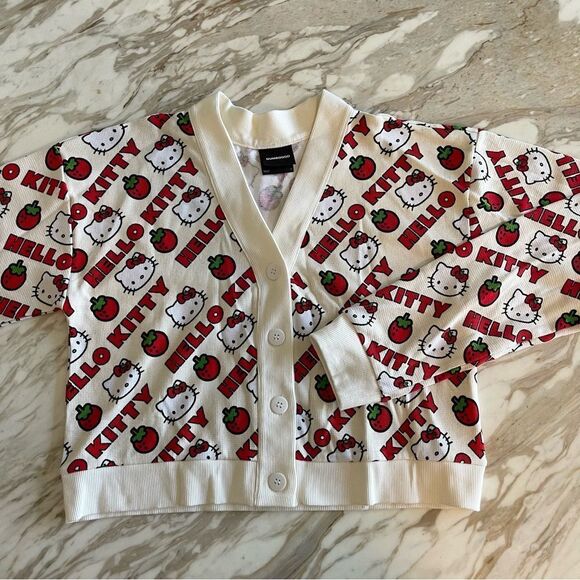 Sanrio Hello Kitty x Dumbgood Cream Red Waffle-Knit Cardigan w Strawberry & HK L - Picture 4 of 13